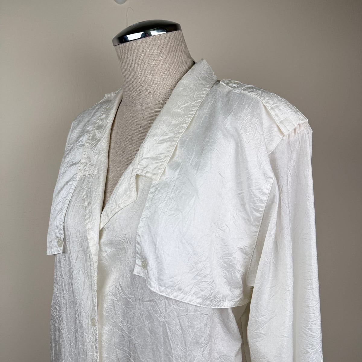 Diane Von Furstenberg Vintage Blouse Crinkle-Effect Satin White 80s Utility 14