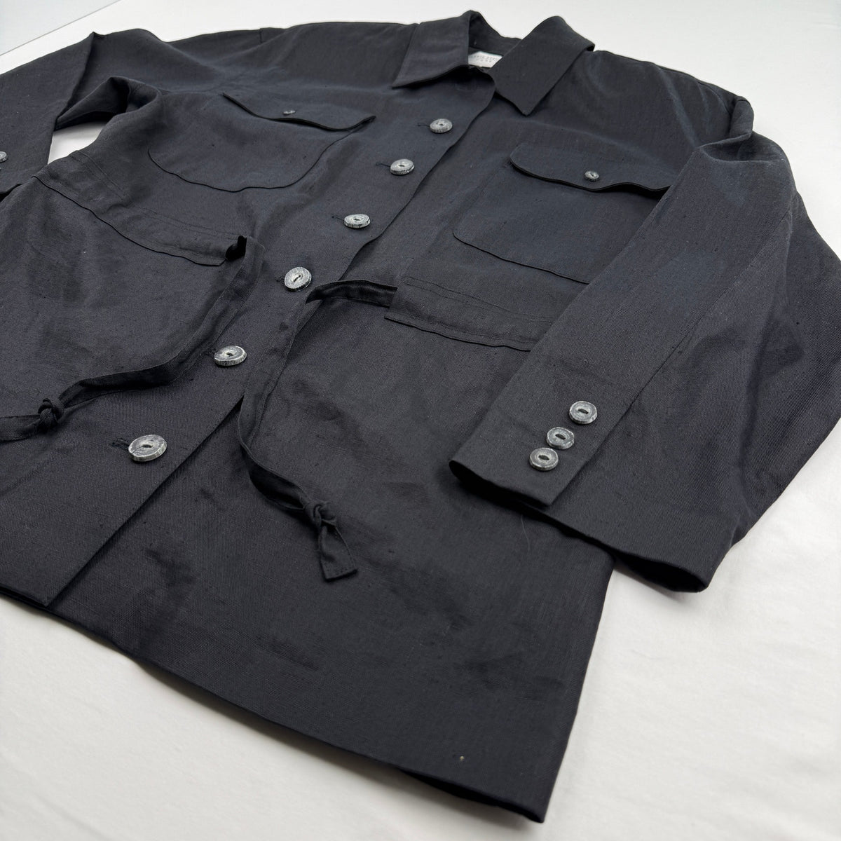 Pure 100% Linen Safari Utility Black Jacket Vintage 90s Valerie Stevens Petites