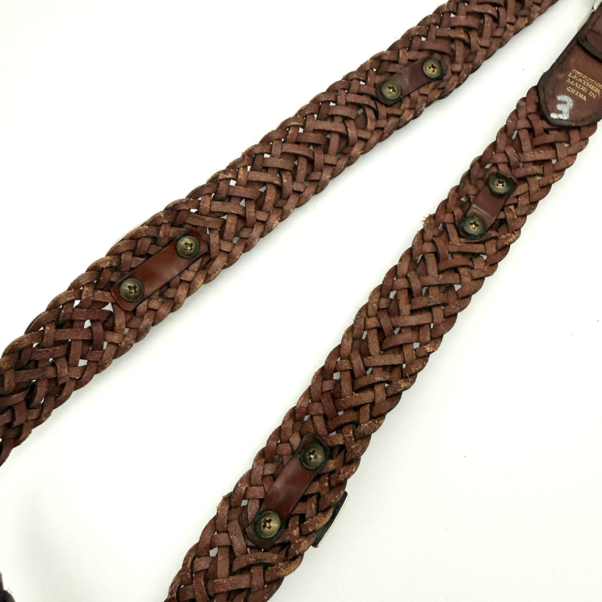 Vintage Brown Braided Leather Concho Style Belt Silver Western Boho Size M