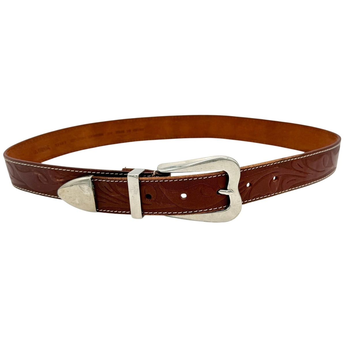 Milor Tooled Leather Belt Brown Size S Western Silver Hardware