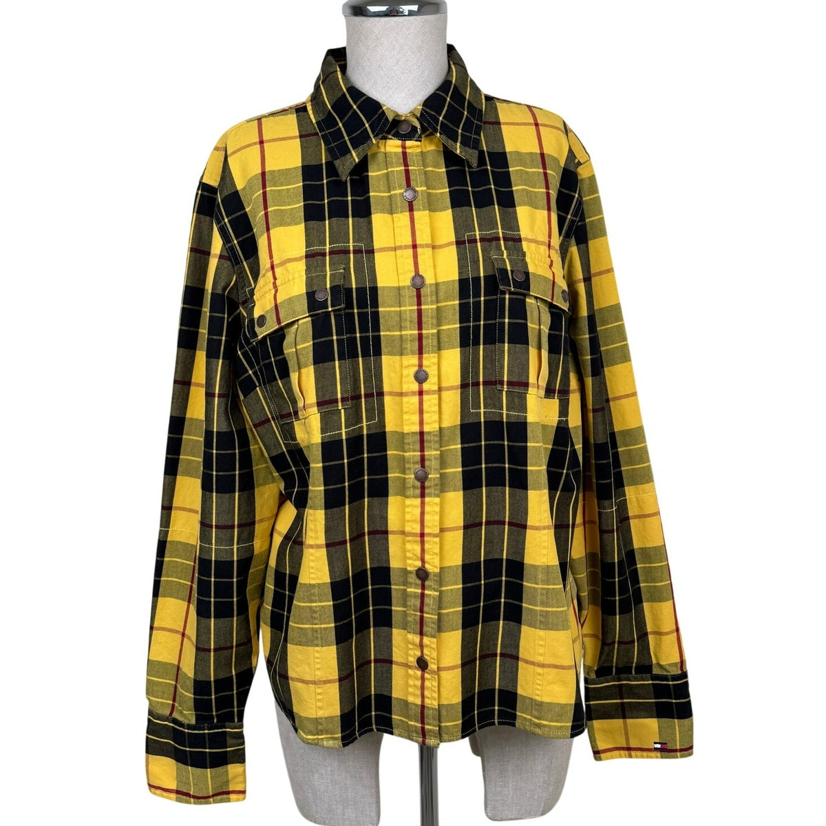 Tommy Hilfiger Jeans Yellow Black Plaid Cotton Shirt Utility Y2K Streetwear Vtg