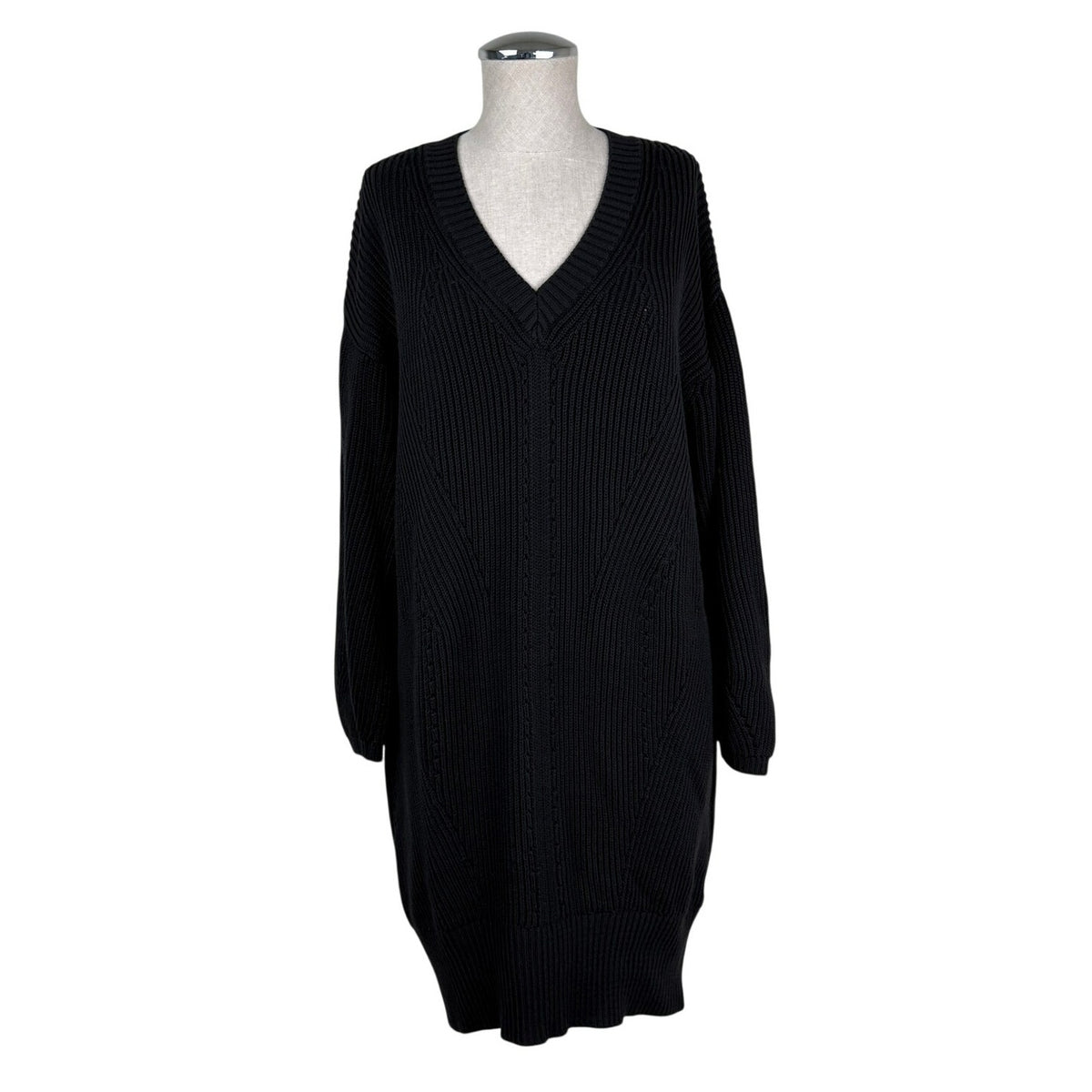 Massimo Dutti Black Ribbed V-Neck Sweater Dress