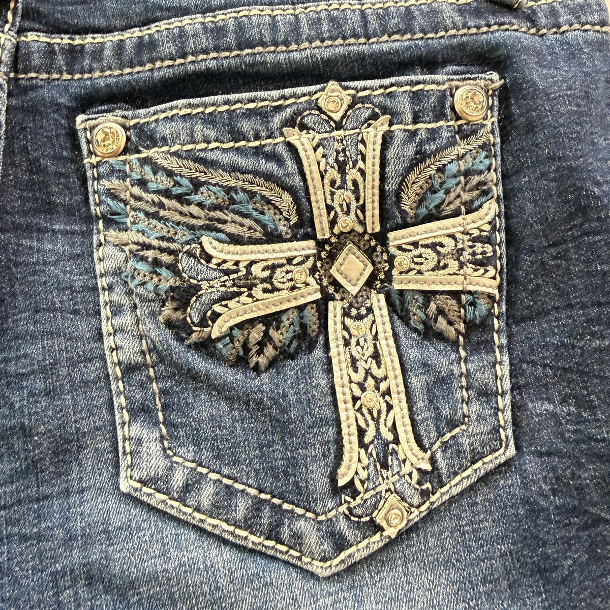 Miss Me Mid Rise Bootcut Jeans 30 Cross Rhinestone Embroidered Y2K Bling Western