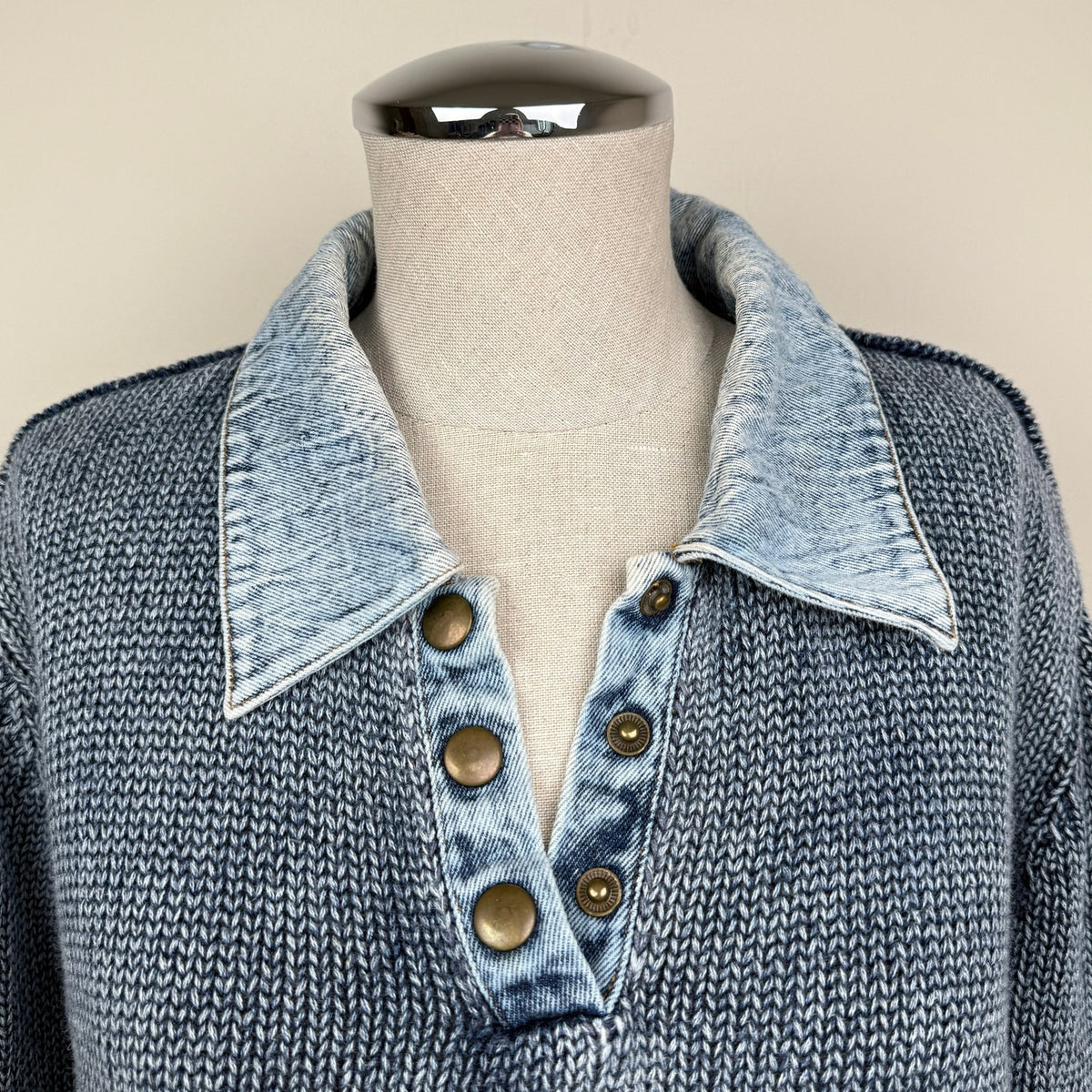 PBJ Blues Sweater Ramie Cotton Blue Jean Denim Collar Cropped L Vintage 80s 90s