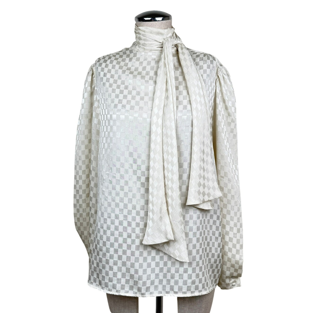 Vintage 80s Jack Winter Checkered Jacquard Tie Neck Blouse Ivory Romantic 14