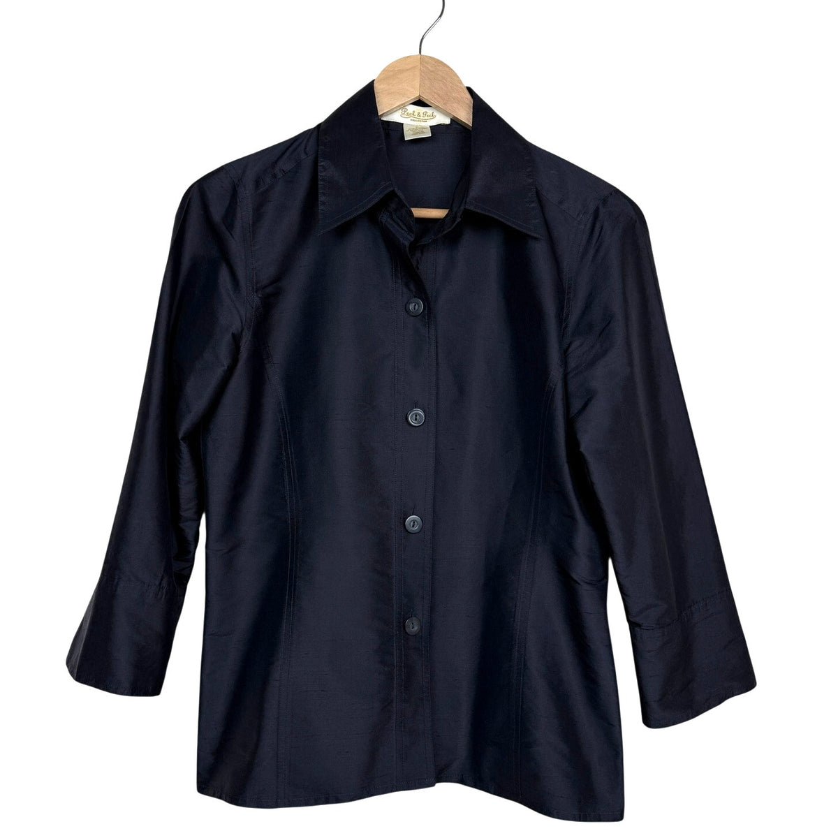Vintage Silk Shantung Shirt Blouse Navy Minimalist Peck & Peck Collection Sz 4