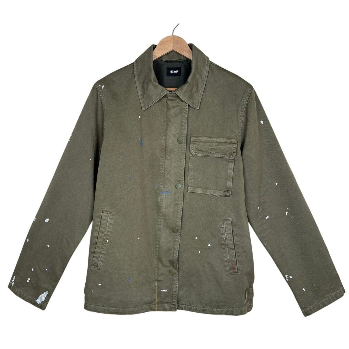 Hudson Military Jacket Distressed Paint Army Olive Workwear Regular Fit SM