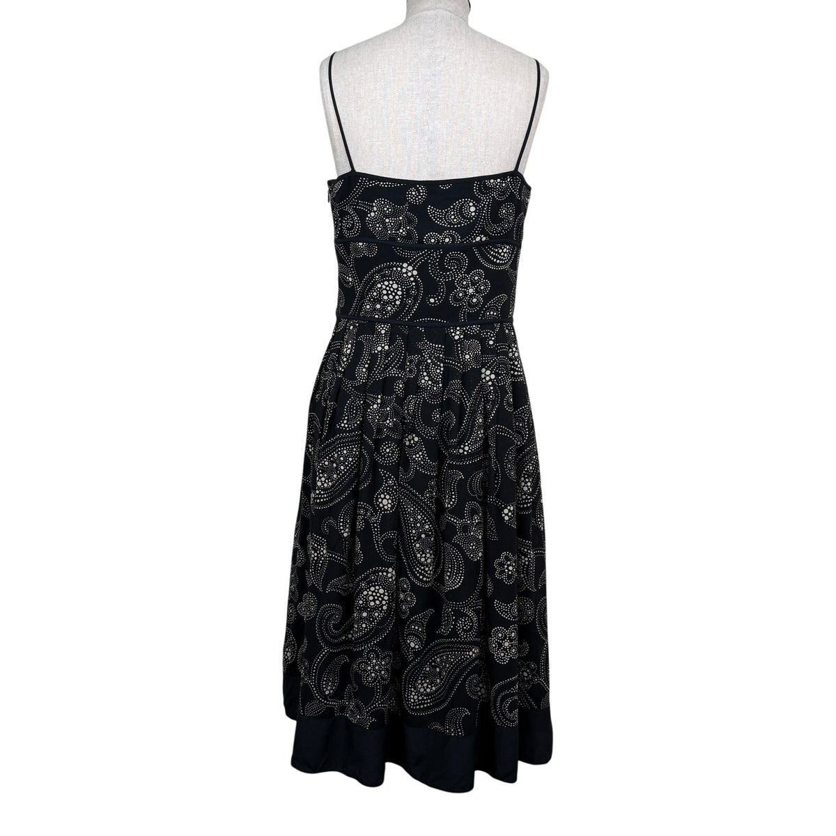 Ann Taylor 100% Silk Paisley Midi Dress Fit & Flare Black Cream Sz 8 Summer Fall