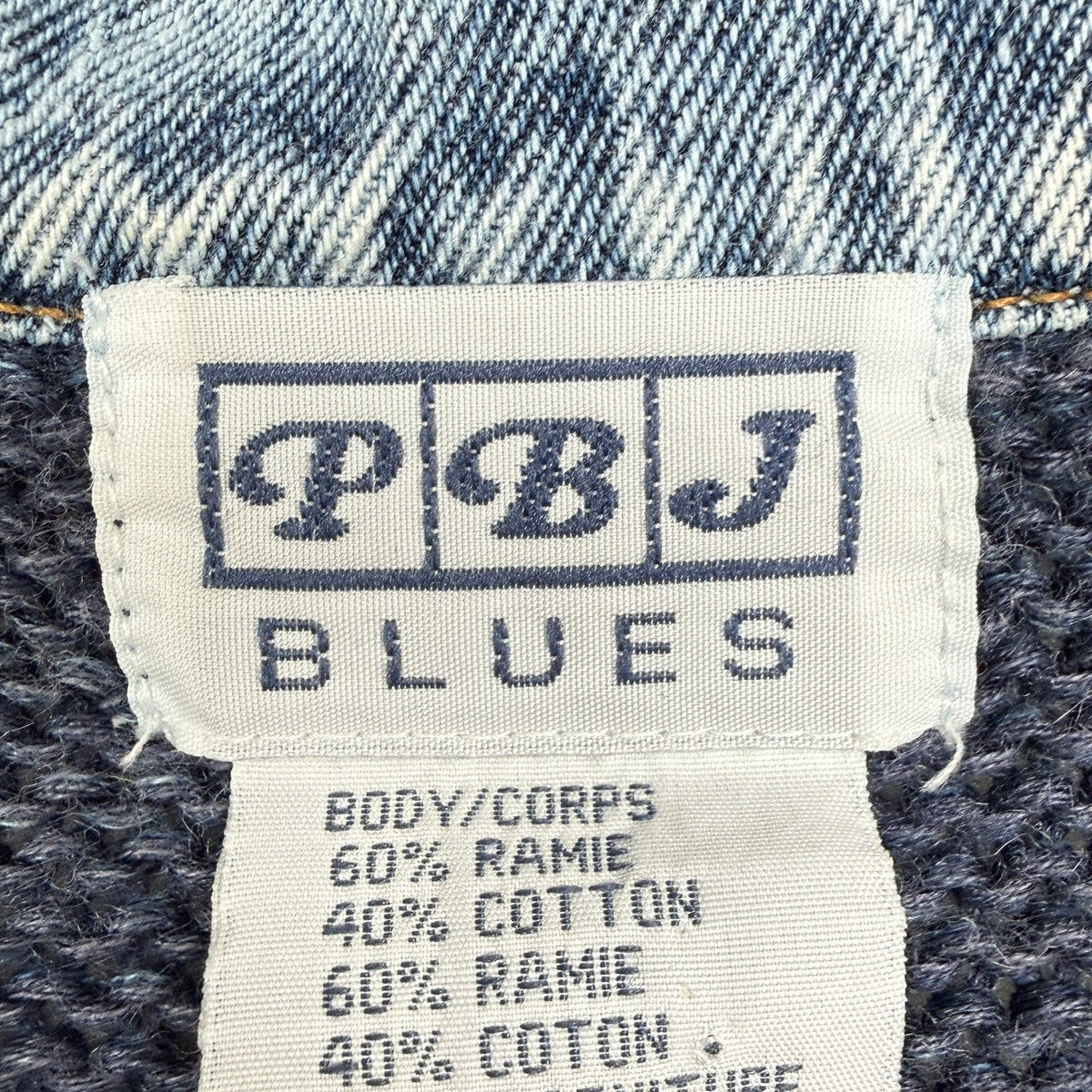 PBJ Blues Sweater Ramie Cotton Blue Jean Denim Collar Cropped L Vintage 80s 90s