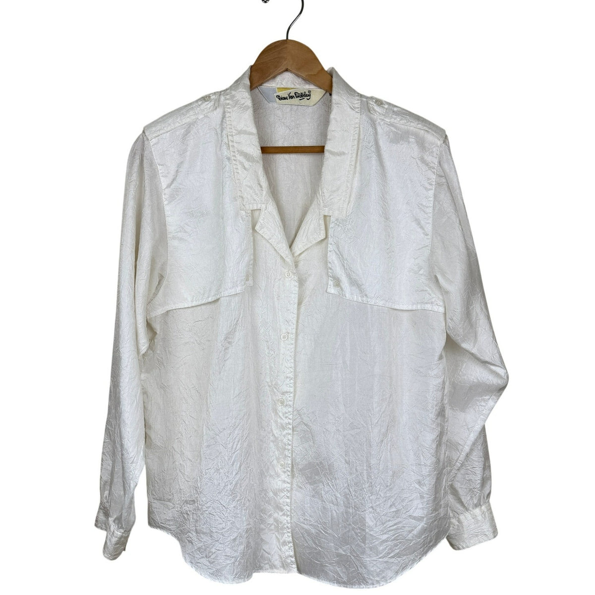Diane Von Furstenberg Vintage Blouse Crinkle-Effect Satin White 80s Utility 14