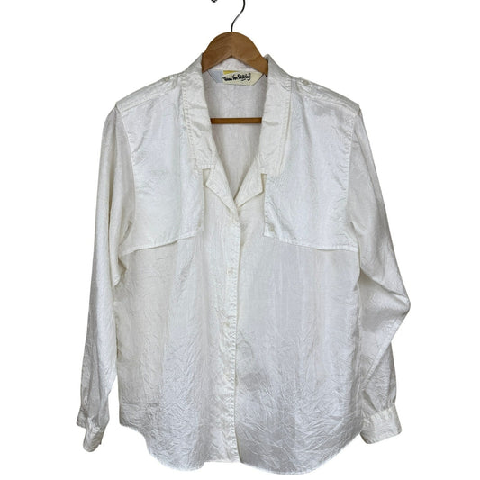 Diane Von Furstenberg Vintage Blouse Crinkle-Effect Satin White 80s Utility 14