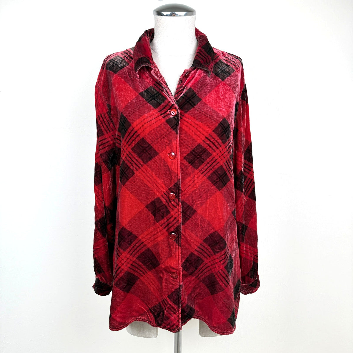 Vintage Coldwater Creek Velvet Plaid Shirt Rayon Silk Blend Size 0 Red Black 90s