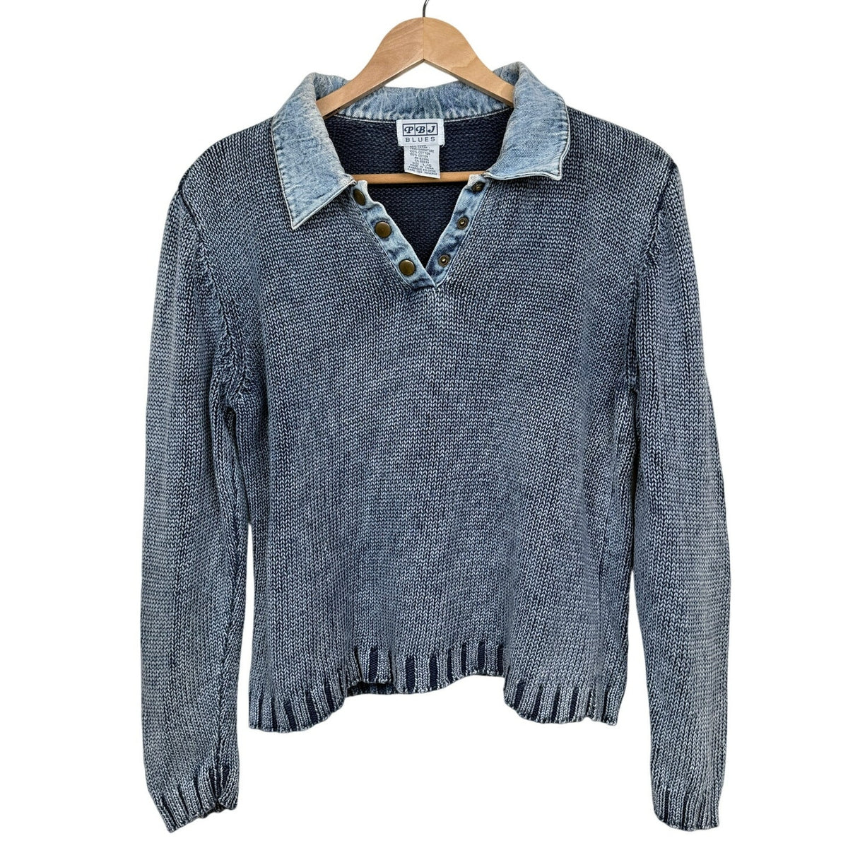 PBJ Blues Sweater Ramie Cotton Blue Jean Denim Collar Cropped L Vintage 80s 90s