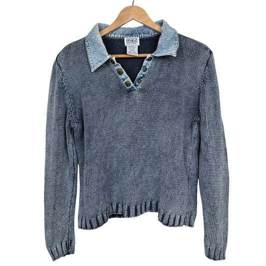 PBJ Blues Sweater Ramie Cotton Blue Jean Denim Collar Cropped L Vintage 80s 90s