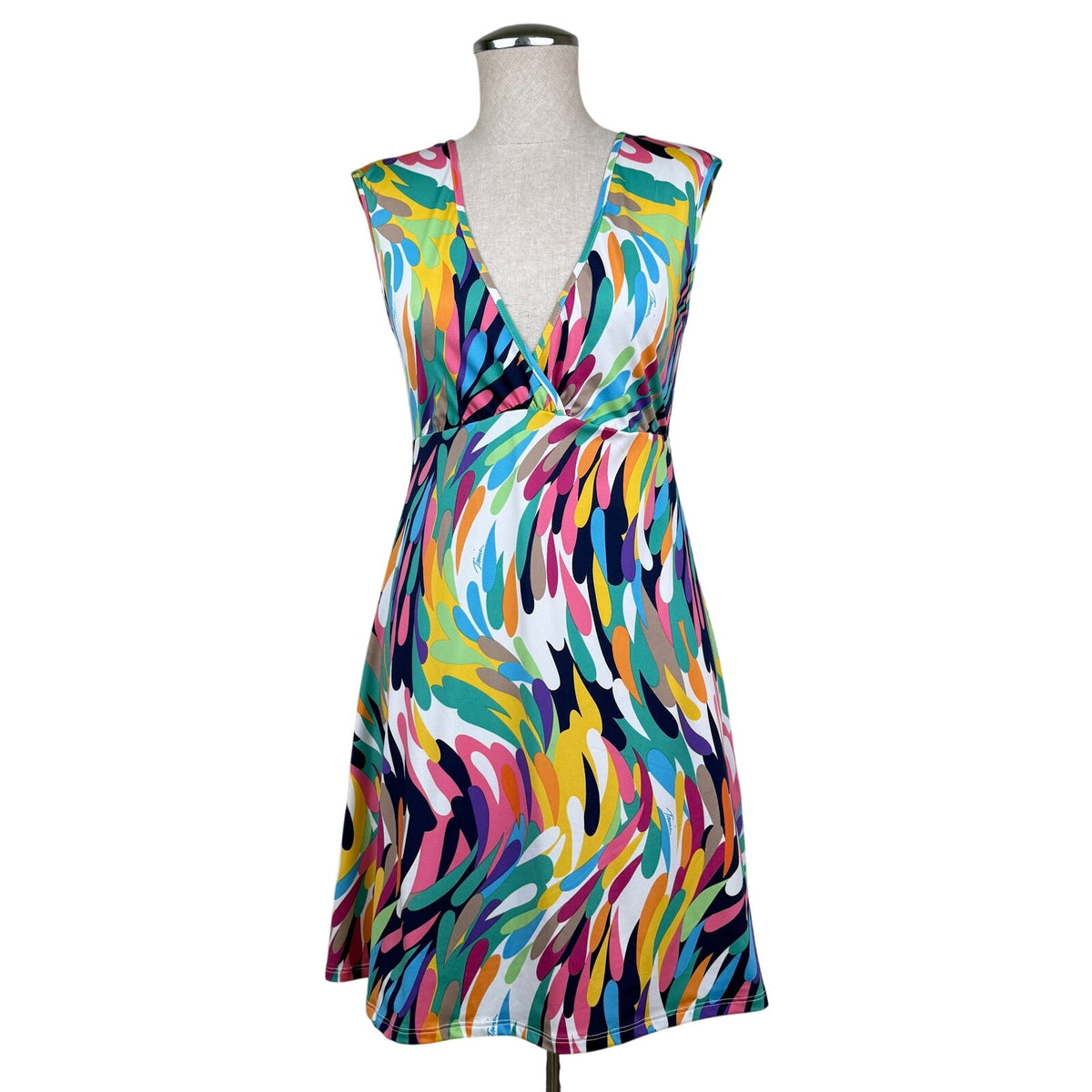 Trina Turk Abstract Print V Neck Mini Dress Euro Summer Resort Y2K USA Made S