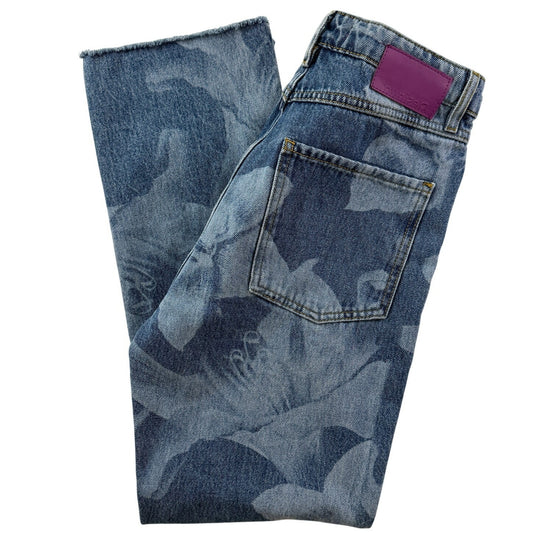 Desigual Floral Print Jeans Cotton Straight Leg Cropped Raw Hem Size EU 38 US 6