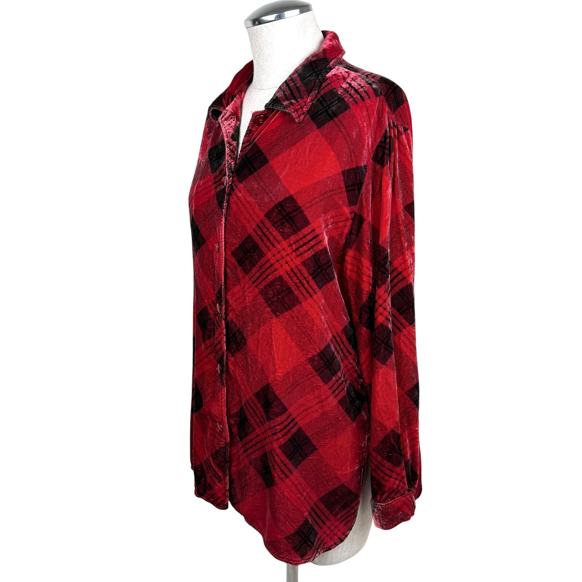 Vintage Coldwater Creek Velvet Plaid Shirt Rayon Silk Blend Size 0 Red Black 90s