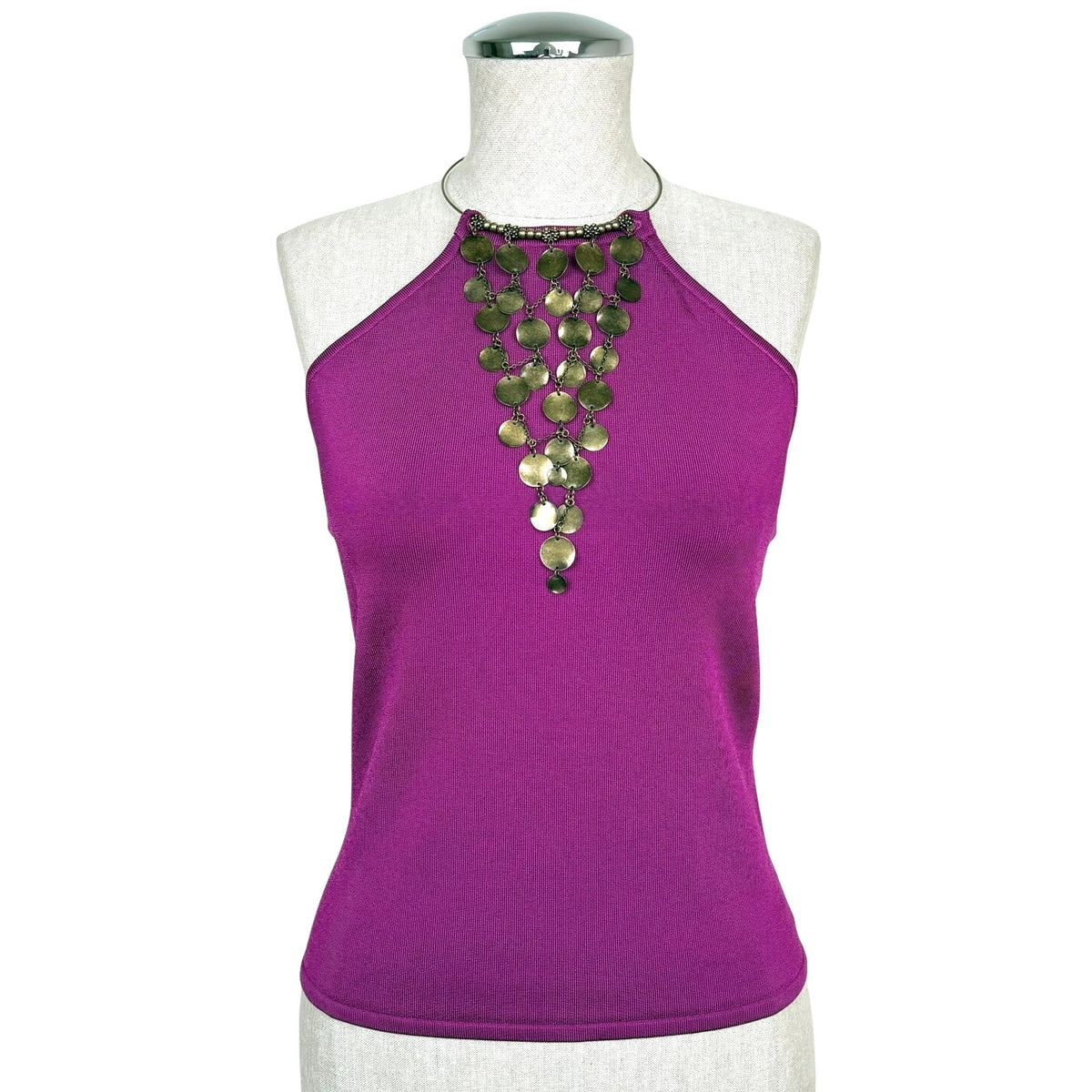 Ralph Lauren Glam Halter Top Metal Disc Embellished Vintage Y2K Fuchsia Size L