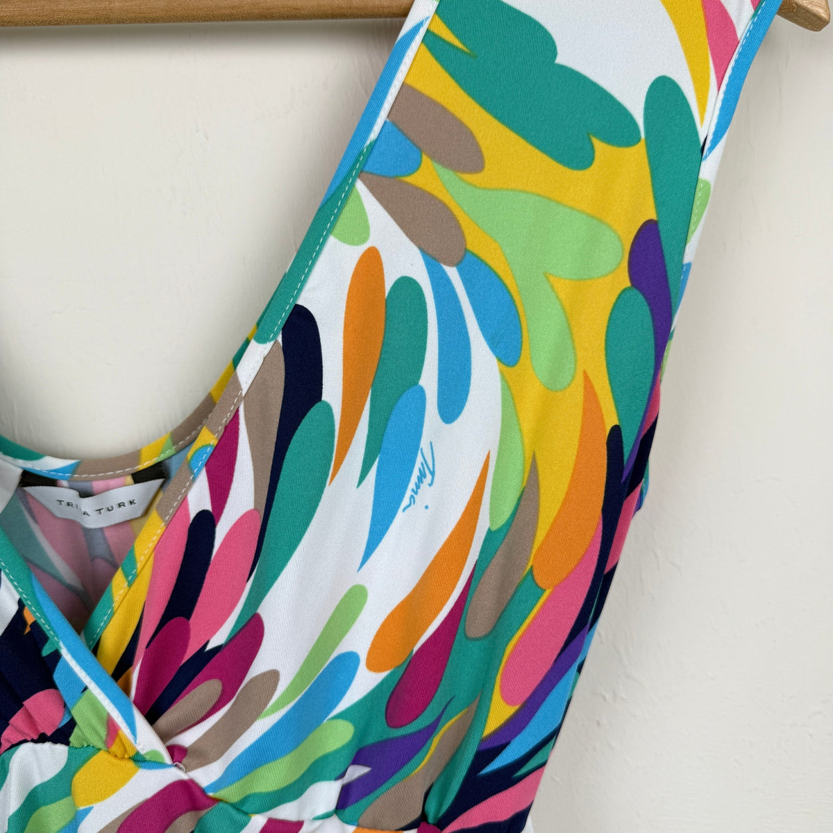 Trina Turk Abstract Print V Neck Mini Dress Euro Summer Resort Y2K USA Made S