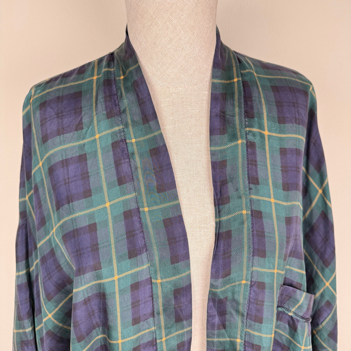 Vintage 100% Silk Tartan Plaid Kimono Robe Green Blue One Size 90s Sleepwear