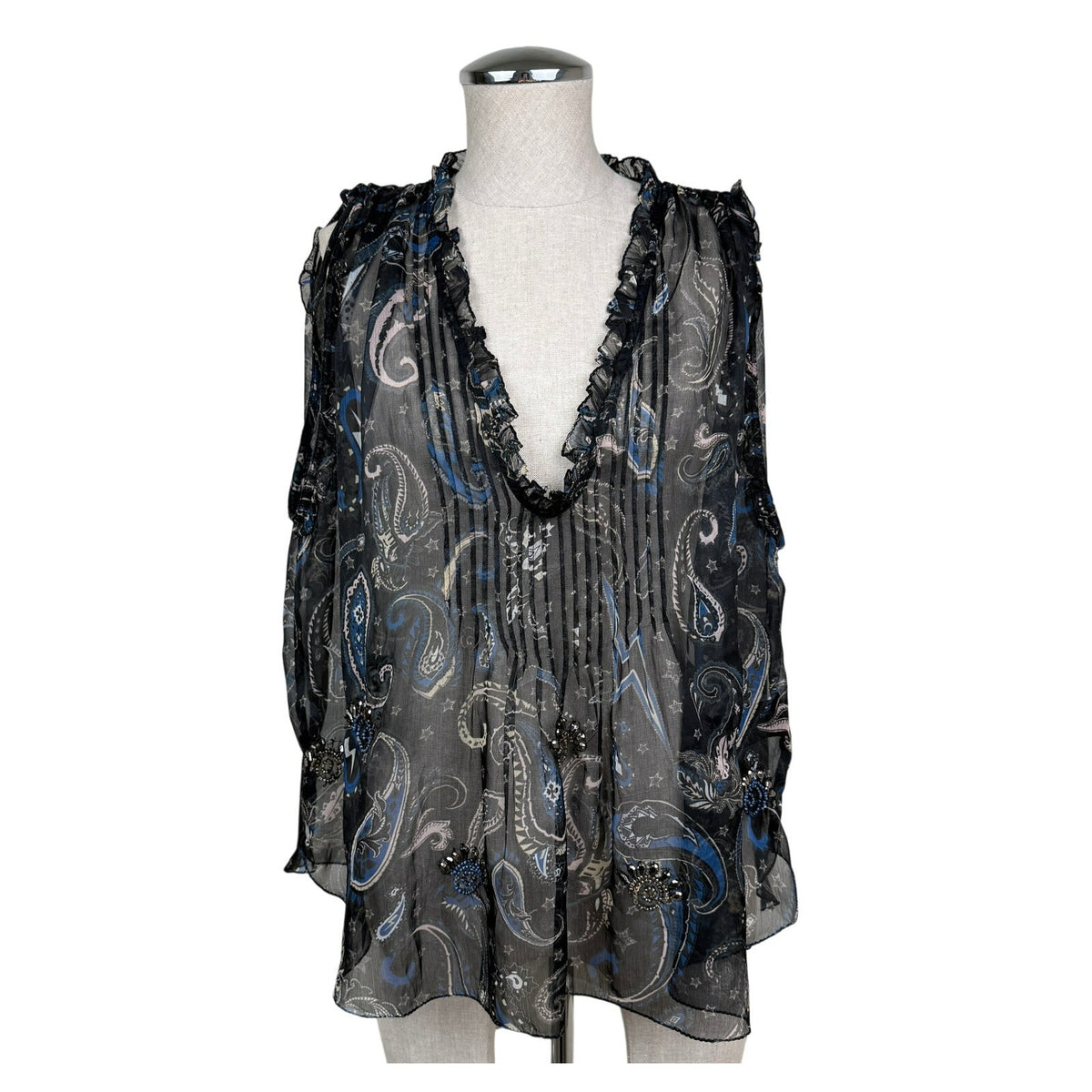 Zadig & Voltaire Paisley Sheer Sleeveless Blouse Rocker Boho Paisley Black Sz L