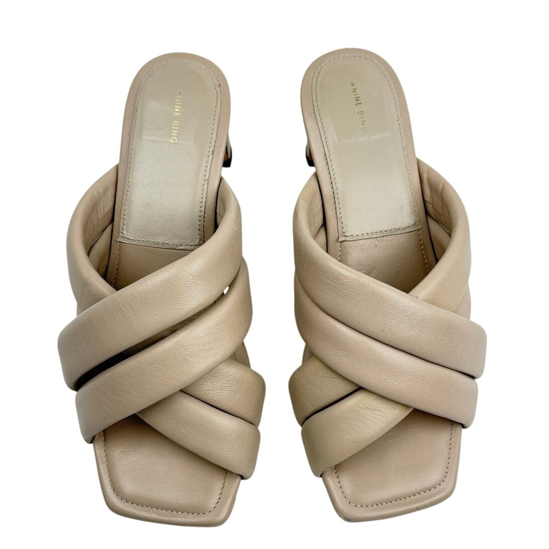 ANINE BING Leather Crossover Strap Mule Heels 'Cade' Nude Beige Minimalist