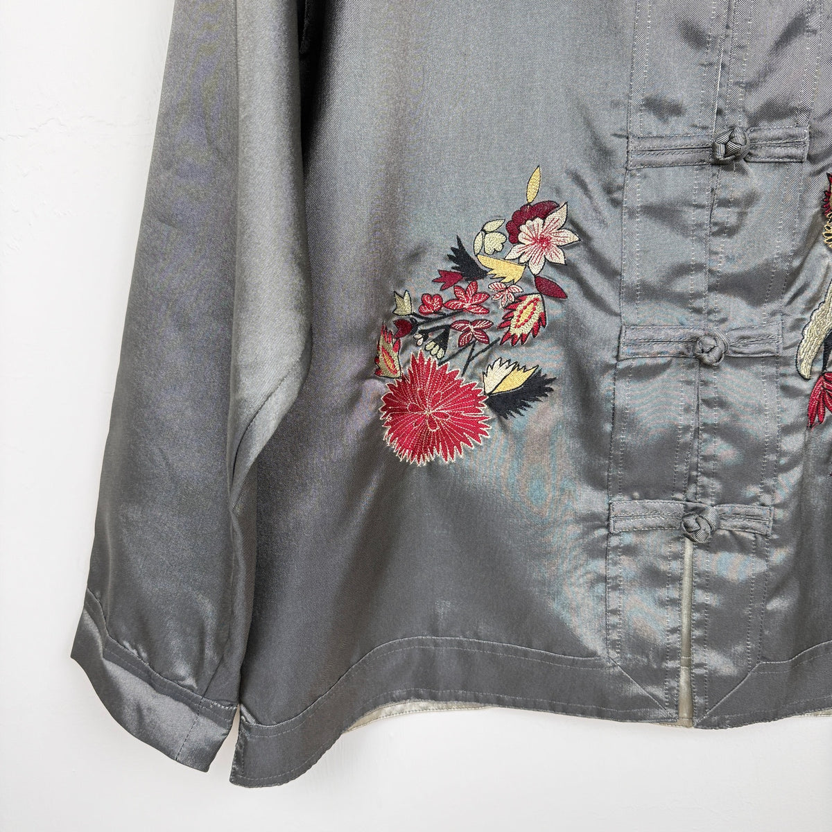 Vintage Chico's Design Embroidered Asian Inspired Jacket Gray Mandarin Collar