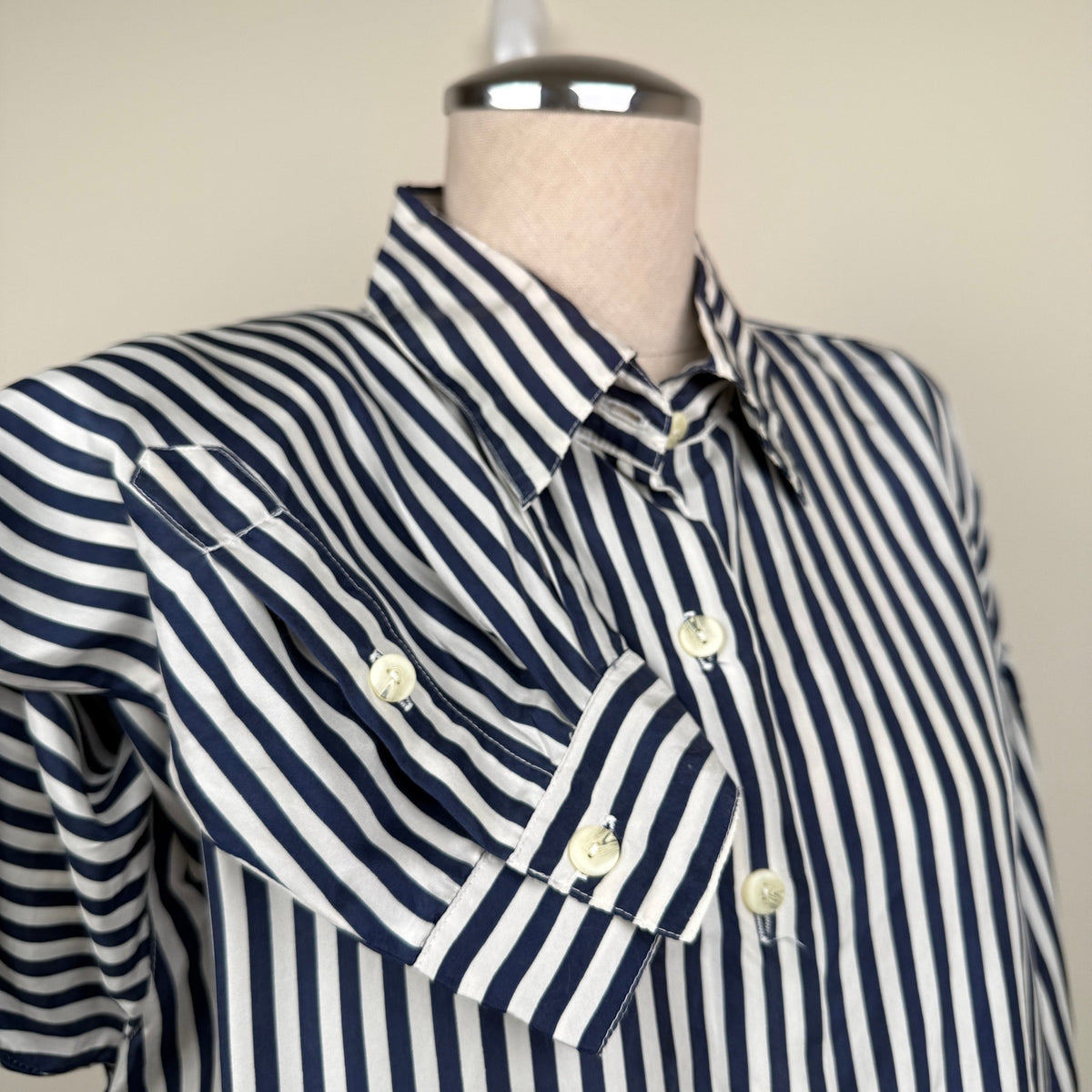 Vintage Stunt Collections 100% Silk Shirt L Navy Blue White Stripe Oversized 90s