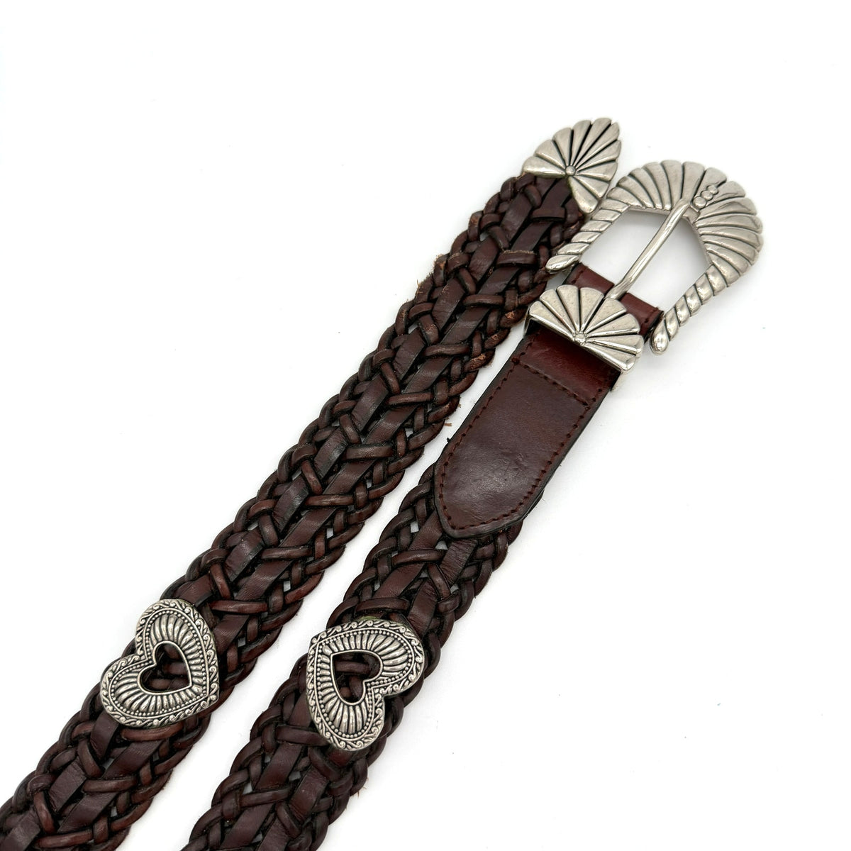 Vintage Brown Braided Leather Concho Style Belt Silver Western Boho Size M