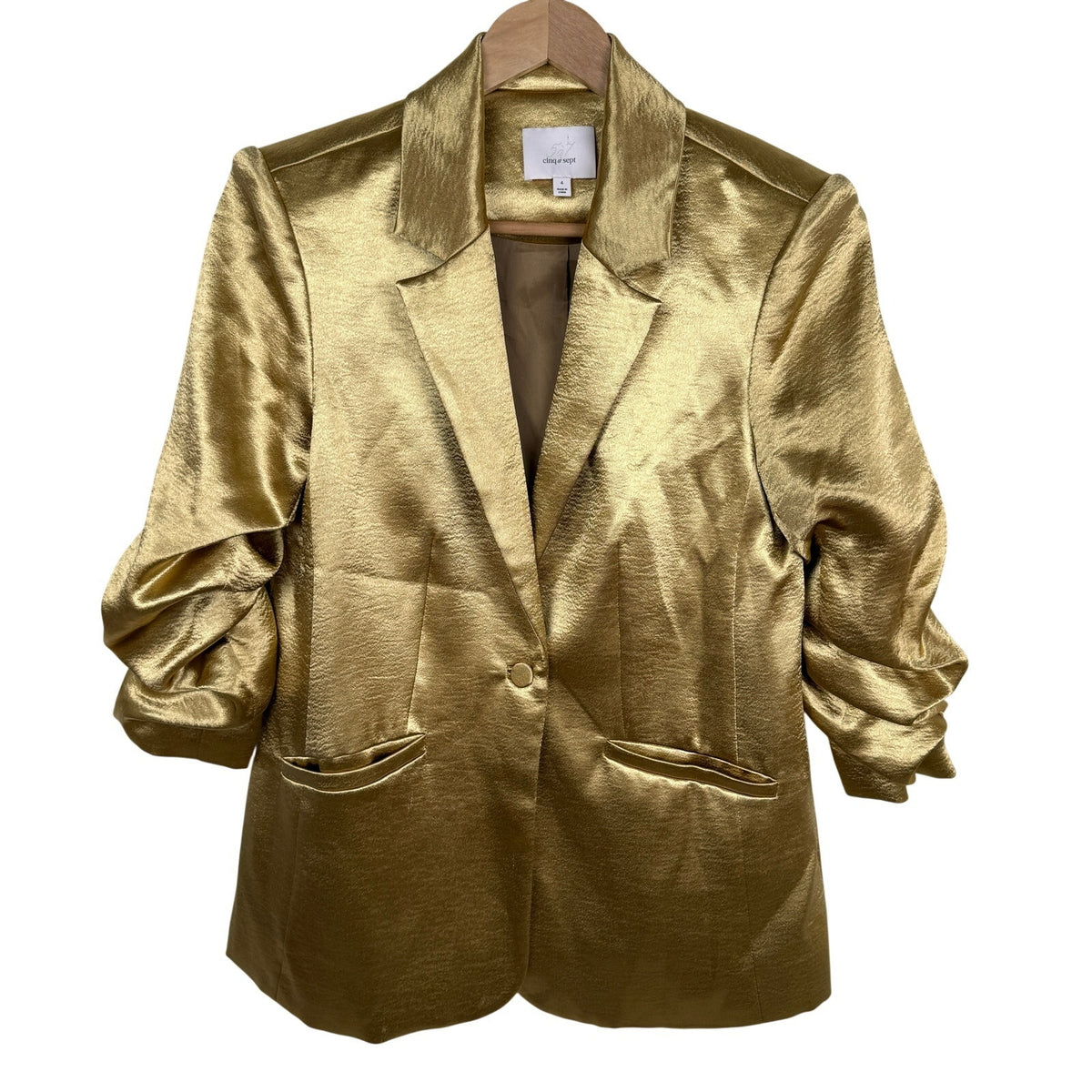 Cinq à Sept Gold Satin Ruched Sleeve Blazer