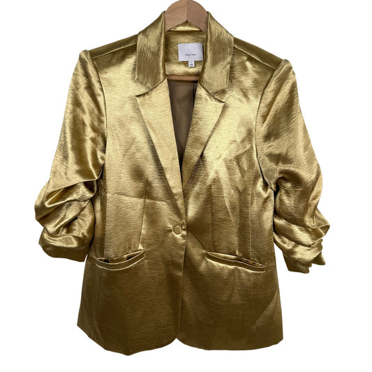 Cinq à Sept Gold Satin Ruched Sleeve Blazer