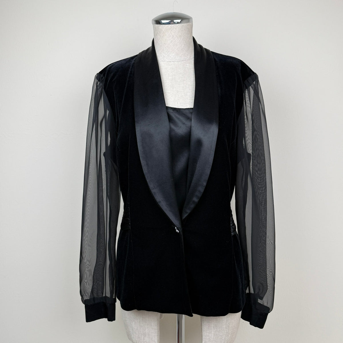 Vintage Tuxedo Blazer Black Blouse Sheer Sleeves Size L Made USA Another Thyme