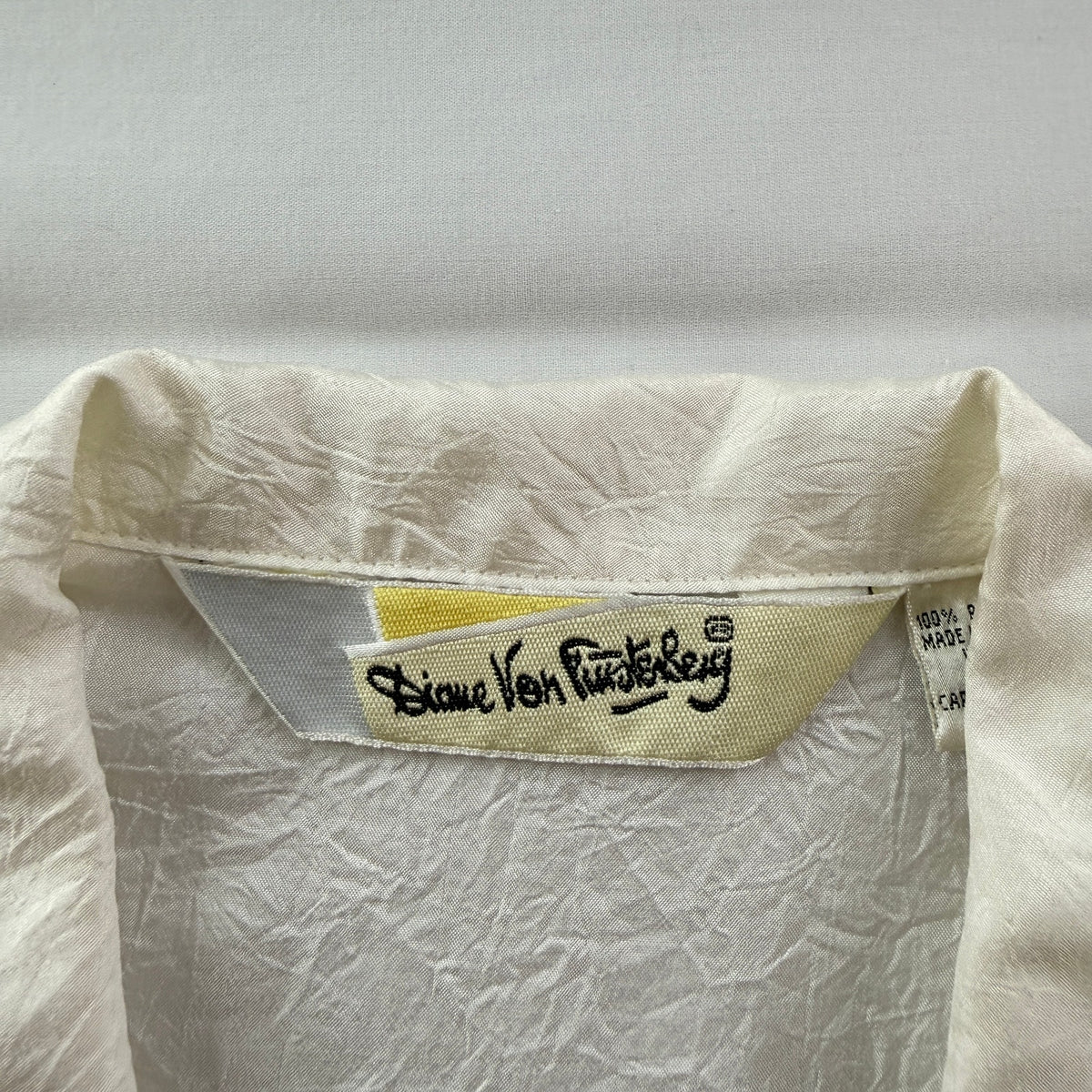 Diane Von Furstenberg Vintage Blouse Crinkle-Effect Satin White 80s Utility 14