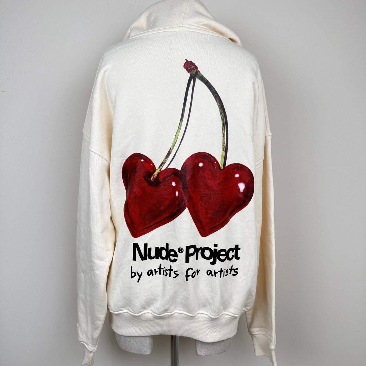 Nude Project Juicy Heart Cherry Hoodie Ivory Cozy Oversized Size M Streetwear