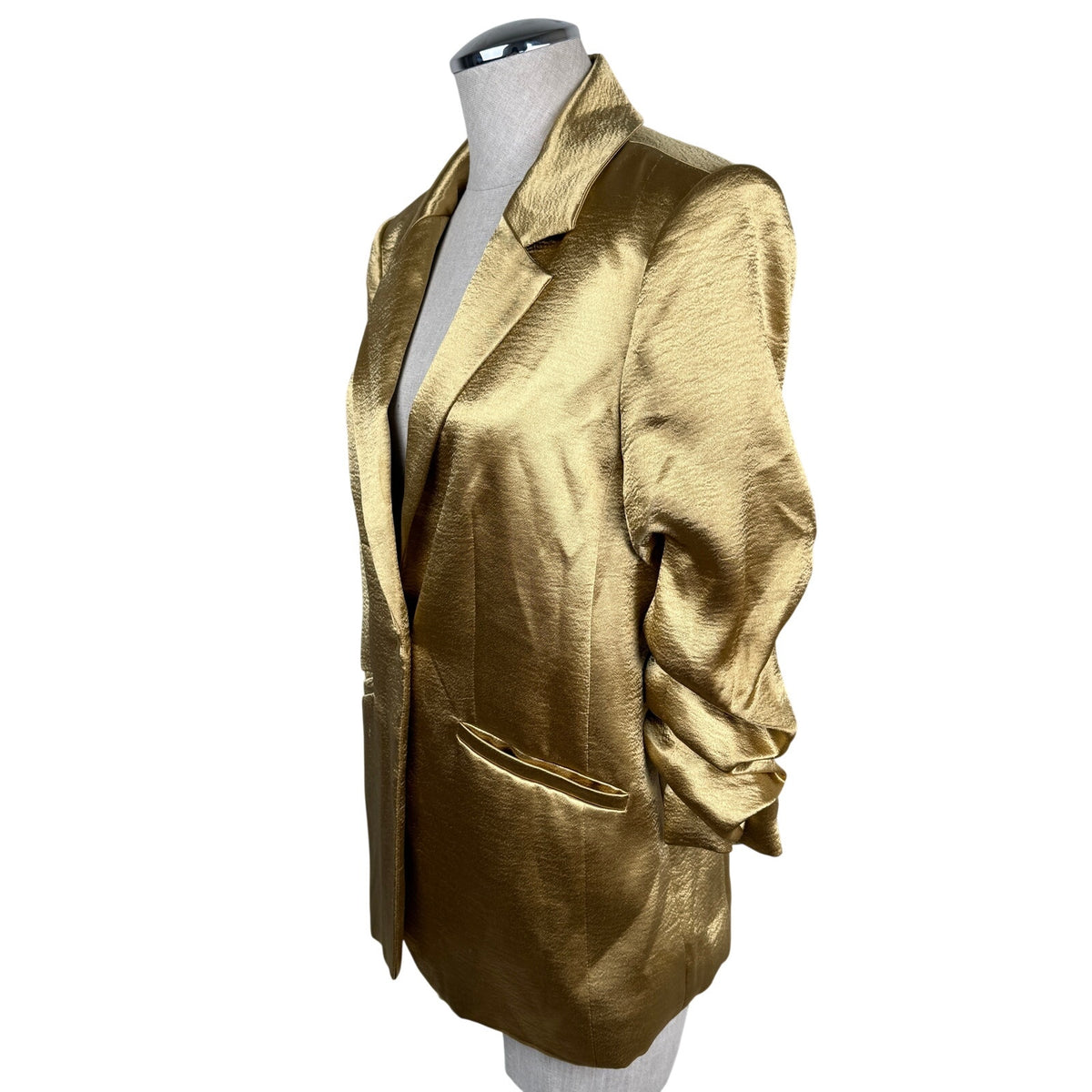 Cinq à Sept Gold Satin Ruched Sleeve Blazer