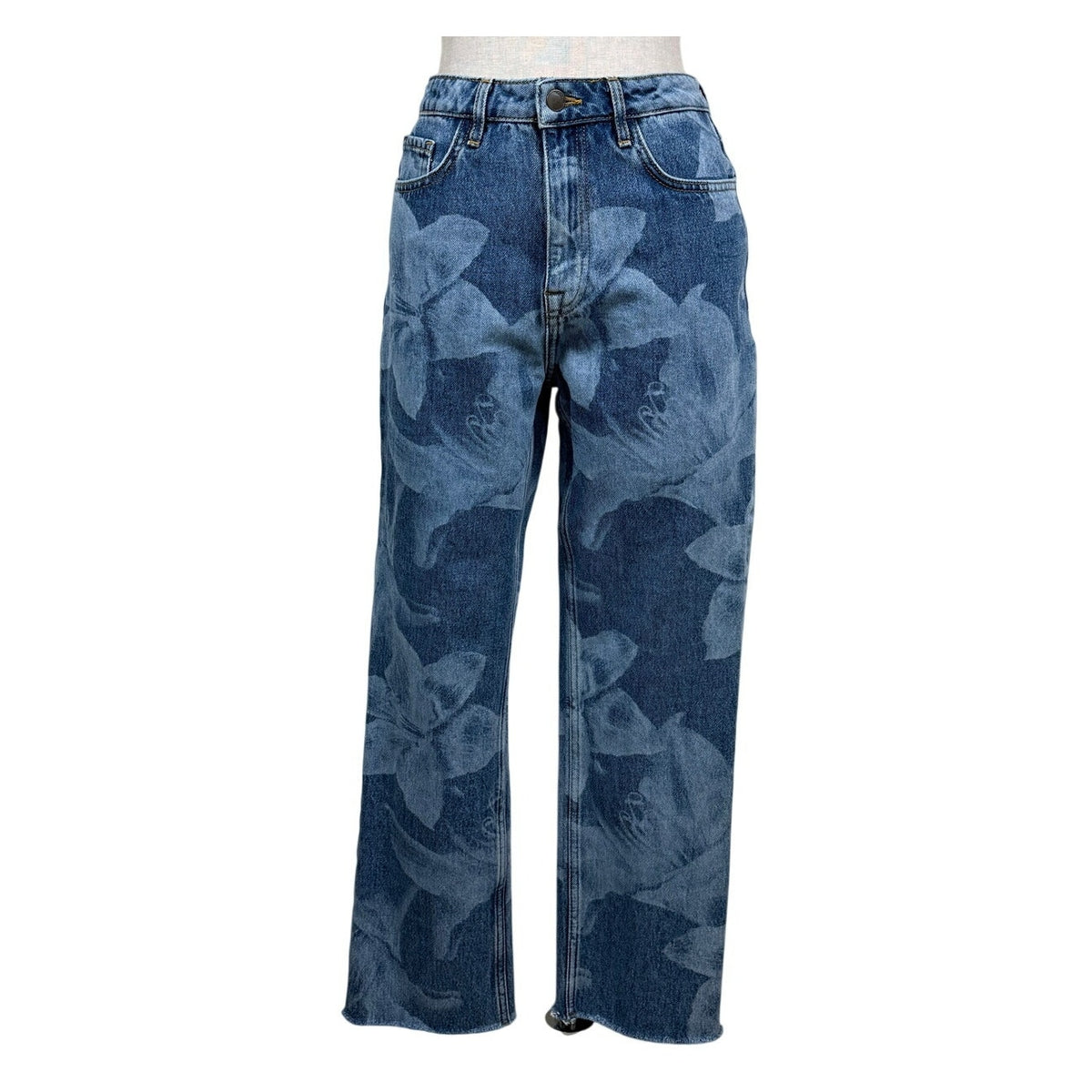 Desigual Floral Print Jeans Cotton Straight Leg Cropped Raw Hem Size EU 38 US 6