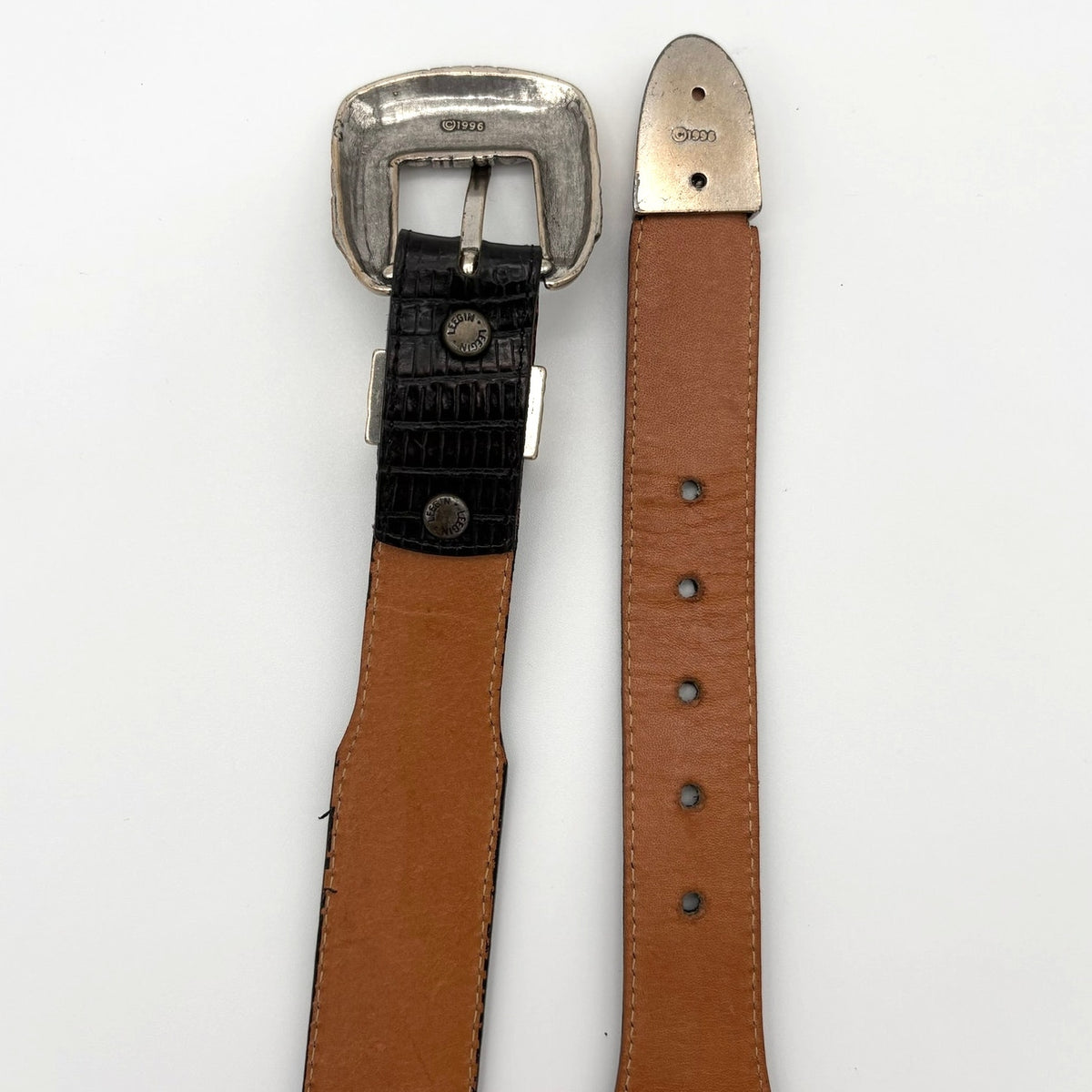 Vintage 90s Onyx Croc Embossed Western Leather Belt Black Silver Tone Size 32