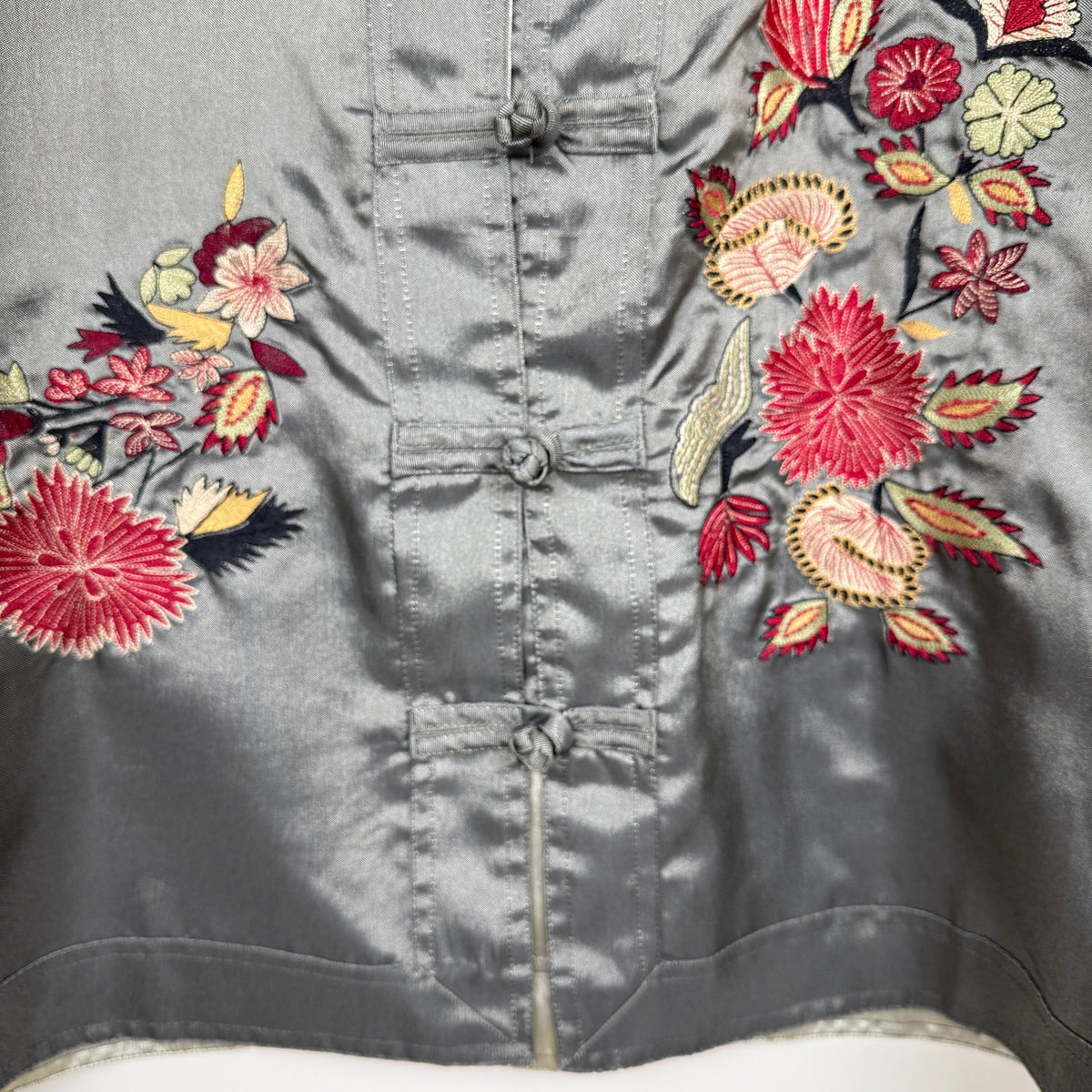Vintage Chico's Design Embroidered Asian Inspired Jacket Gray Mandarin Collar