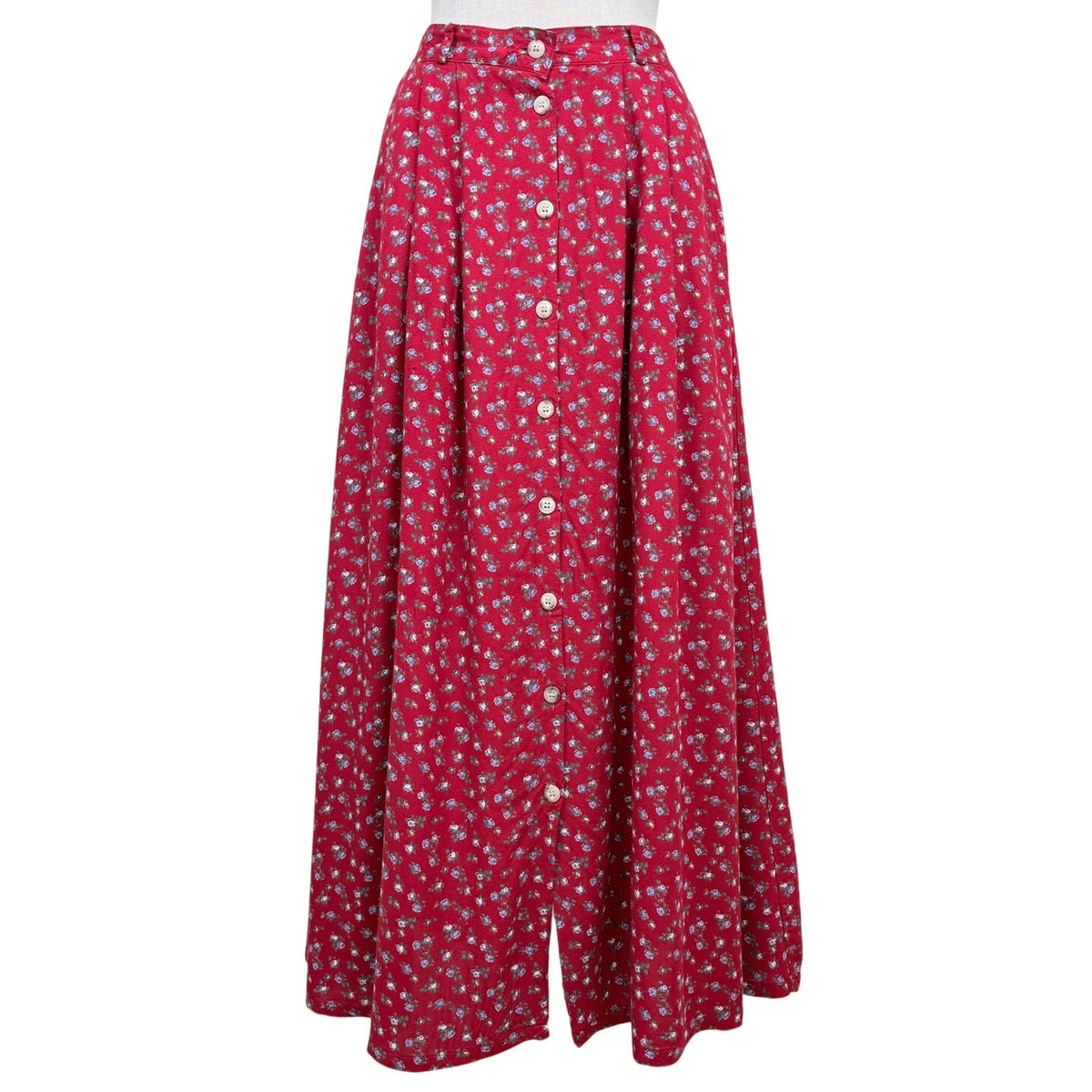 L.L.Bean Maxi Skirt Floral Cotton Red Button Front USA Made Vintage 90s Grunge