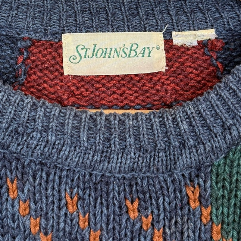 Vintage St Johns Bay Sweater Cotton Blend Geometric Crewneck 90s Preppy Mens M