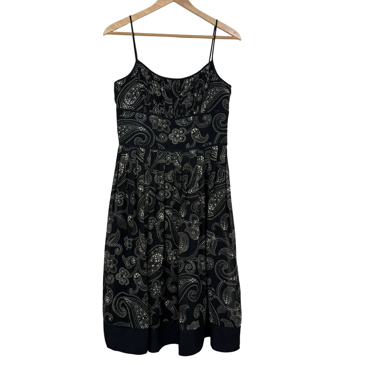 Ann Taylor 100% Silk Paisley Midi Dress Fit & Flare Black Cream Sz 8 Summer Fall