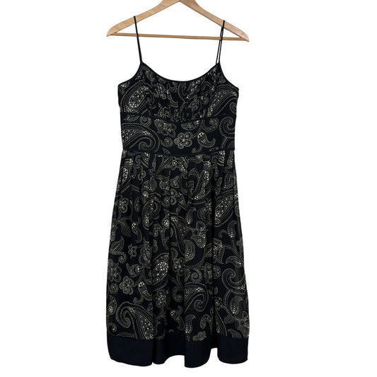 Ann Taylor 100% Silk Paisley Midi Dress Fit & Flare Black Cream Sz 8 Summer Fall