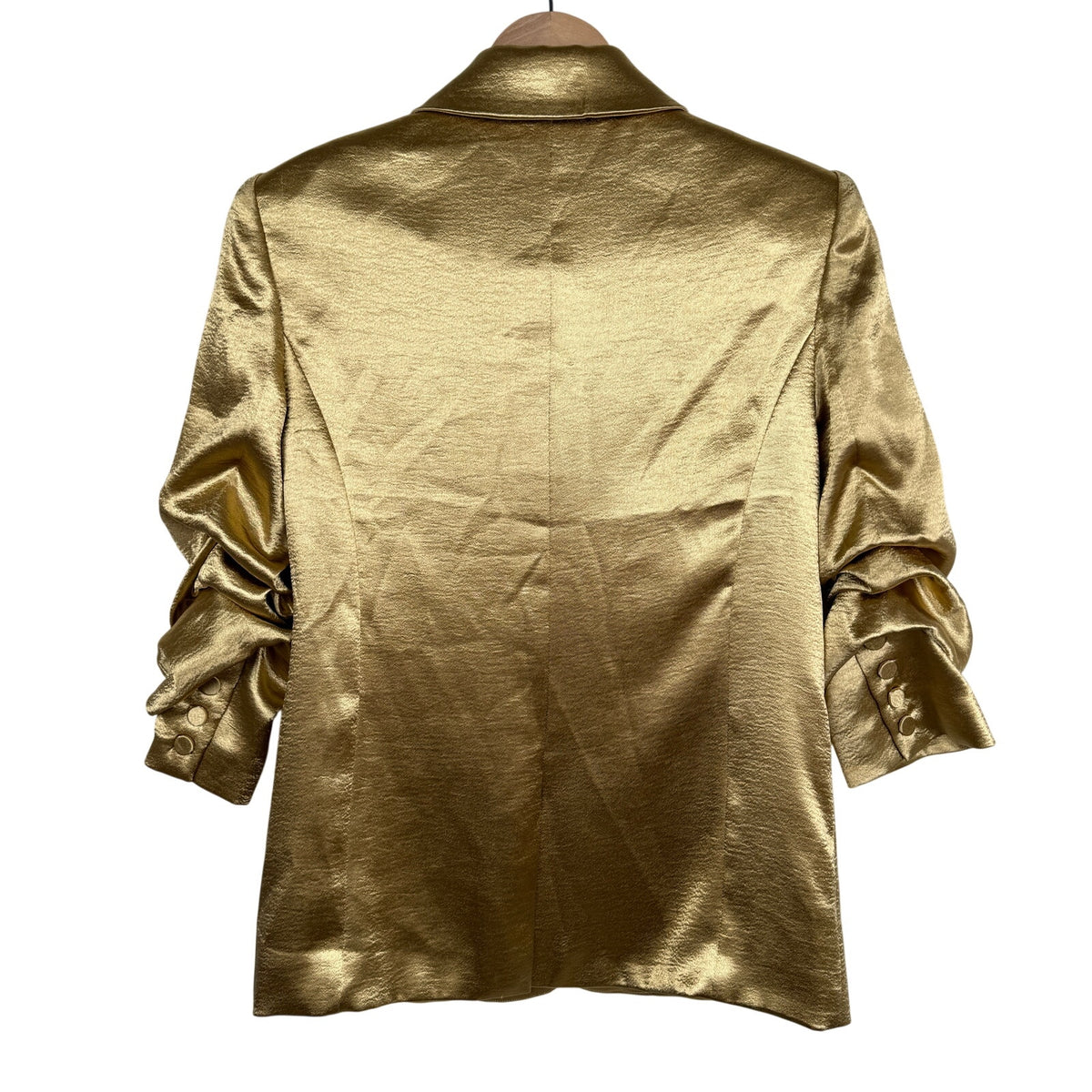 Cinq à Sept Gold Satin Ruched Sleeve Blazer