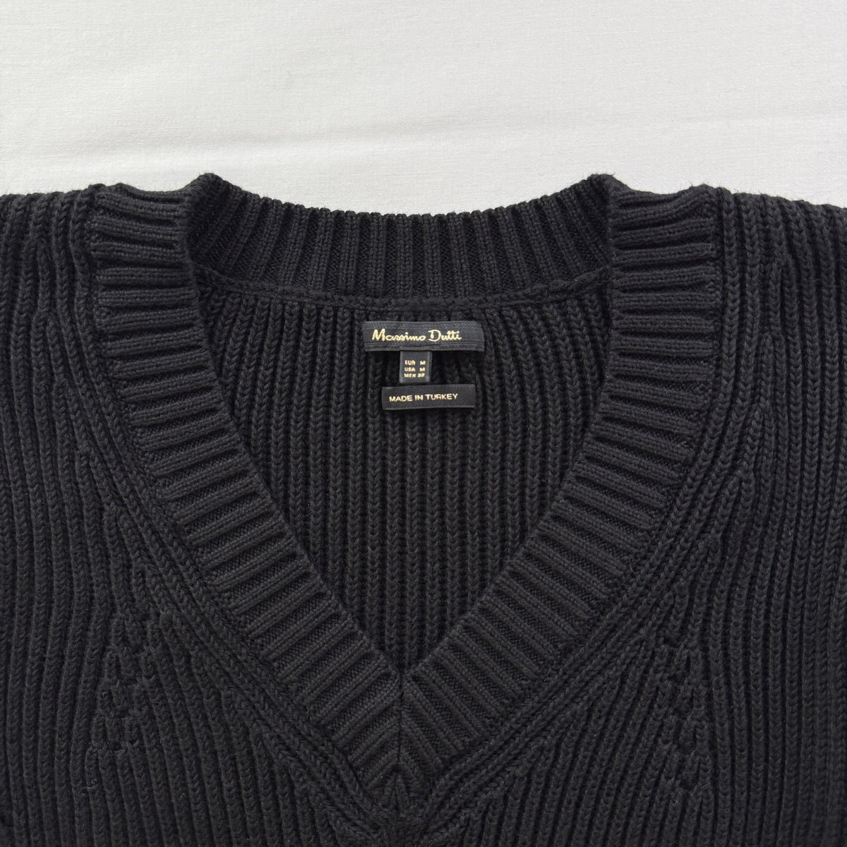Massimo Dutti Black Ribbed V-Neck Sweater Dress