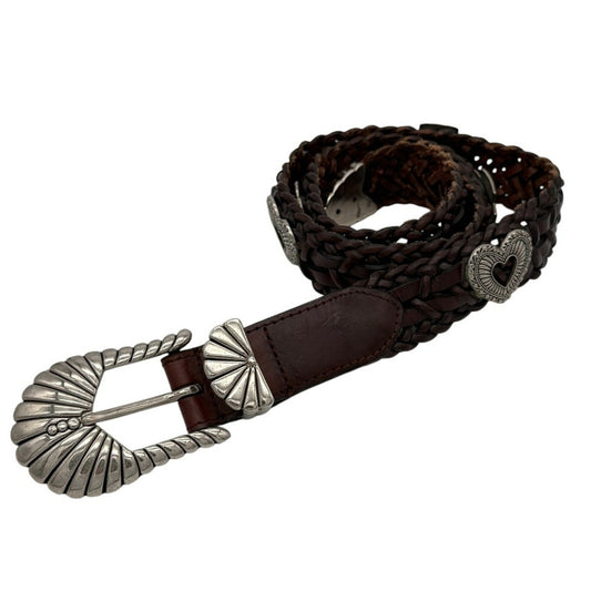 Vintage Brown Braided Leather Concho Style Belt Silver Western Boho Size M