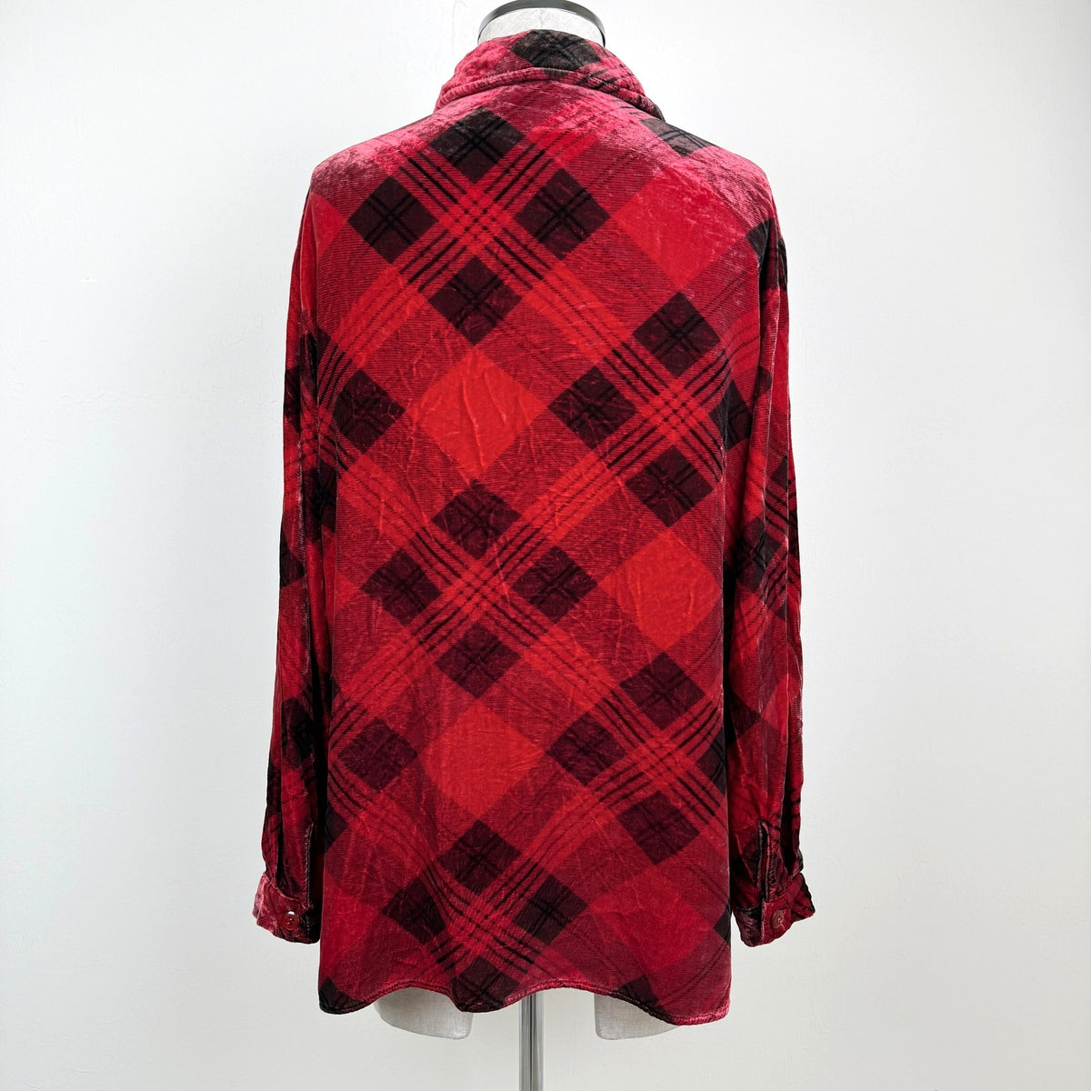 Vintage Coldwater Creek Velvet Plaid Shirt Rayon Silk Blend Size 0 Red Black 90s