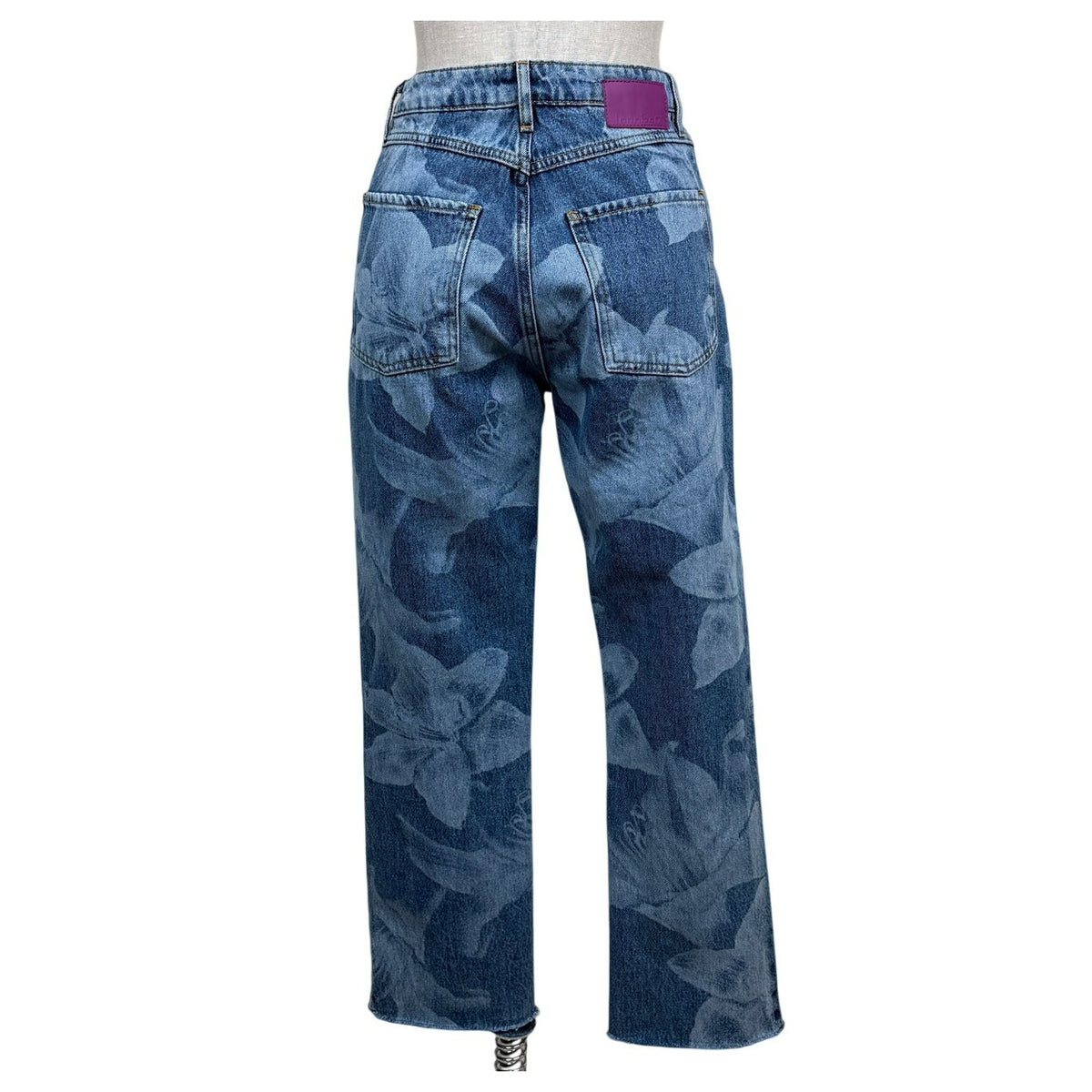 Desigual Floral Print Jeans Cotton Straight Leg Cropped Raw Hem Size EU 38 US 6