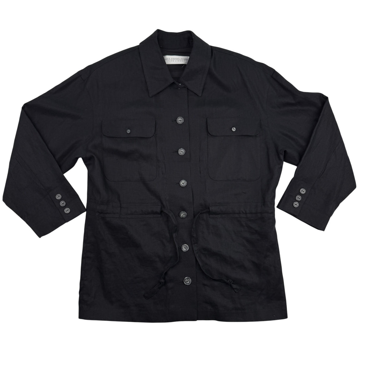 Pure 100% Linen Safari Utility Black Jacket Vintage 90s Valerie Stevens Petites