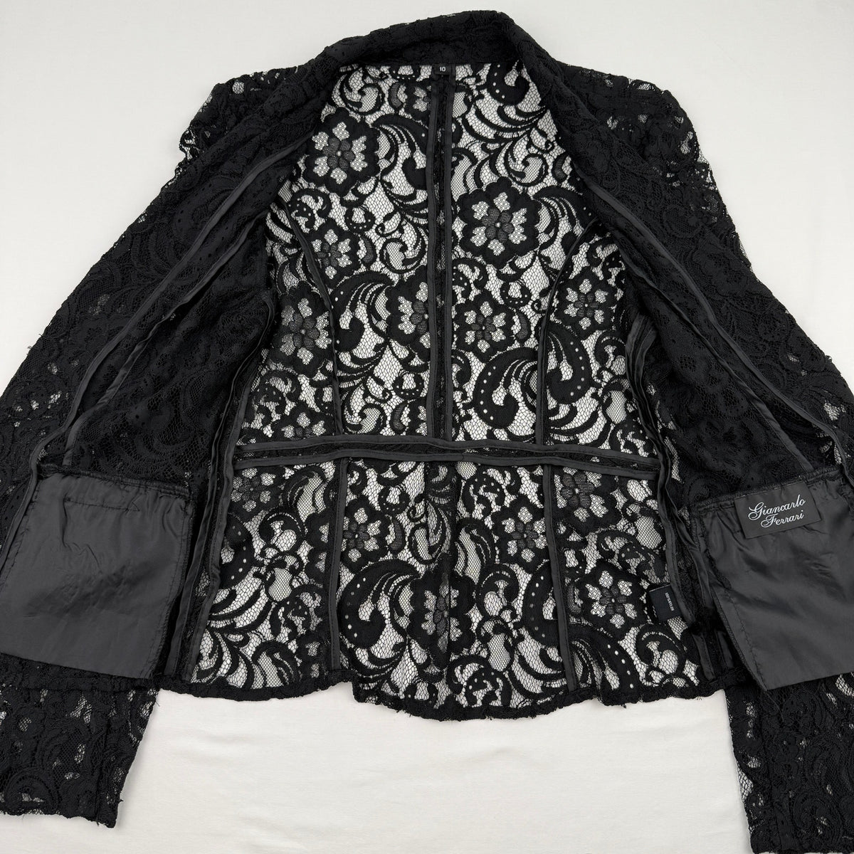 Giancarlo Ferrari Lace Blazer Sheer Jacket Size 10 Black Vintage 90s Romantic