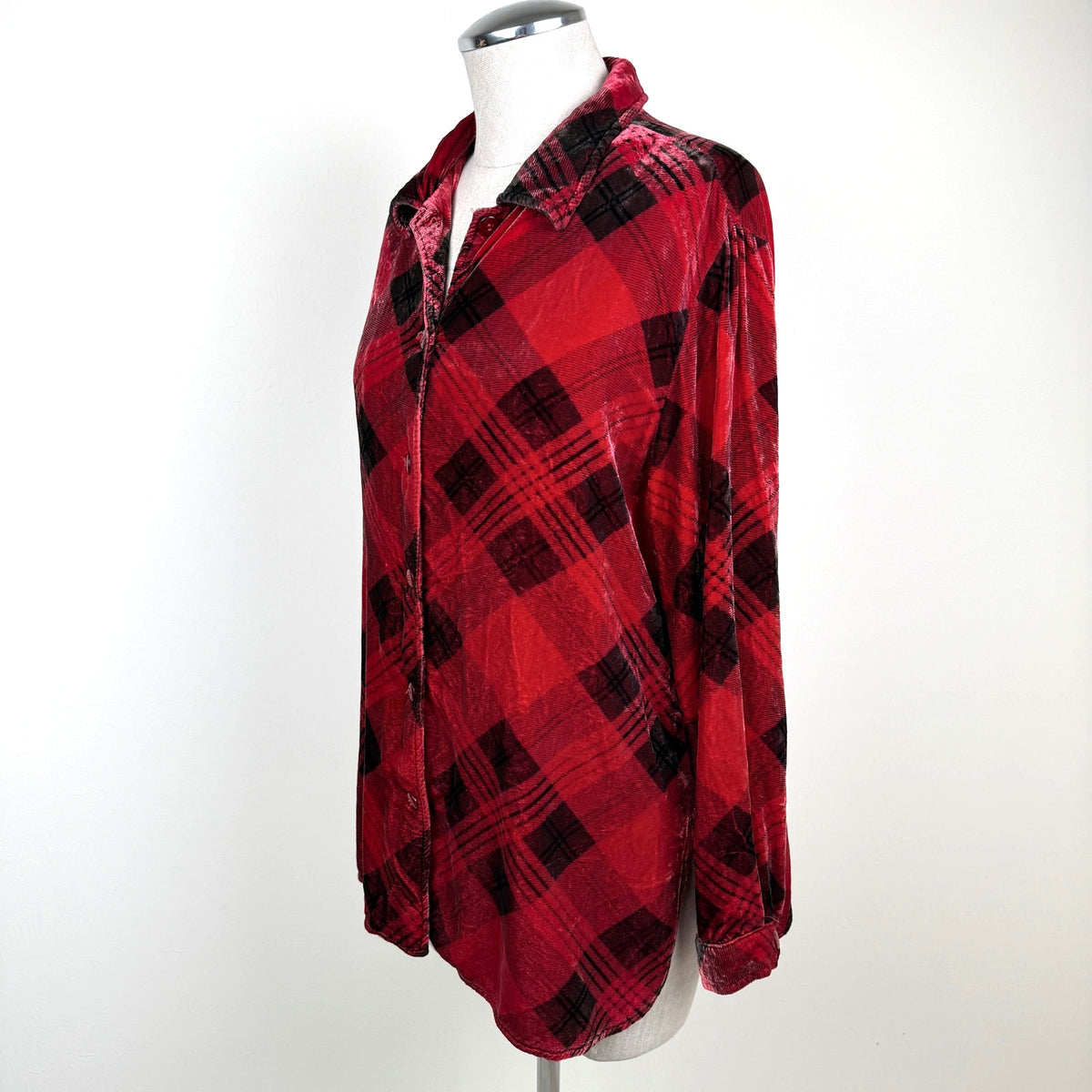 Vintage Coldwater Creek Velvet Plaid Shirt Rayon Silk Blend Size 0 Red Black 90s